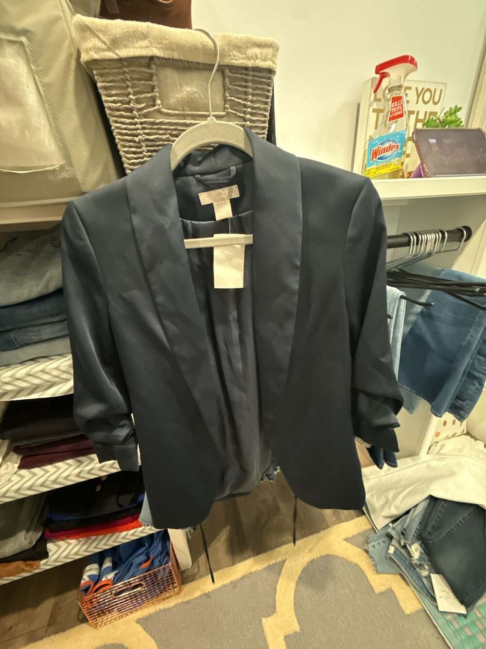H&M Blazer Size 2 Navy Blue Satin Open Front Shawl Collar